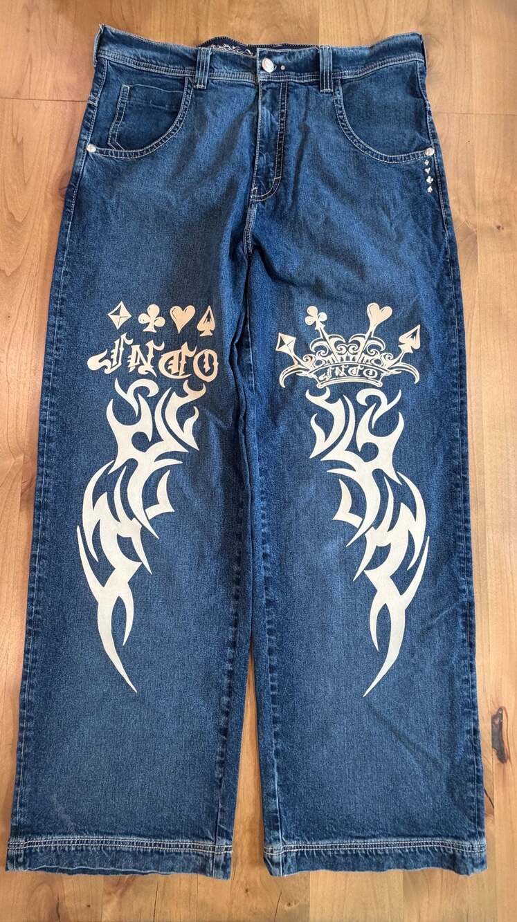 JNCO Gambler Jeans 23 Inch Wide Leg Hand-Sand Dark Stone Sz 38